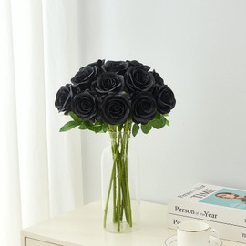 Helera 12PC Black Roses Artificial Flowers Fake Roses Silk Realistic Roses Bouquet Flowers with Long Stems for Wedding Home Party Centerpieces Decorations