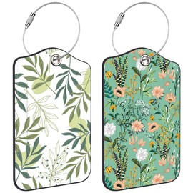 2 Pack Luggage Tag for Suitcase Blooming Flower and Leaves Leather Travel Cruise Luggage Tag with Stainless Steel Loop Name ID Label Privacy Cover for Adults Teens Travel Bag Labels Set