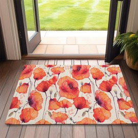 SPUNKER Door Mat,Red Poppies Front Doormats 17''x30'',Watercolor Floral Indoor Outdoor Entrance Welcome Mat,Low-Profile Floor Rugs for Entry Patio