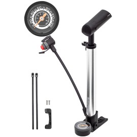 Samuriding SIG-FPG009-S Bicycle Air Pump, Presta/Schrader/English Valve, Road Bike, Hybrid Bicycle, Portable Mini Floor Pump, With Foot Stepper, Compatible with All Valves, Equipped with Clever Twin Valve, Silver, With Gauge