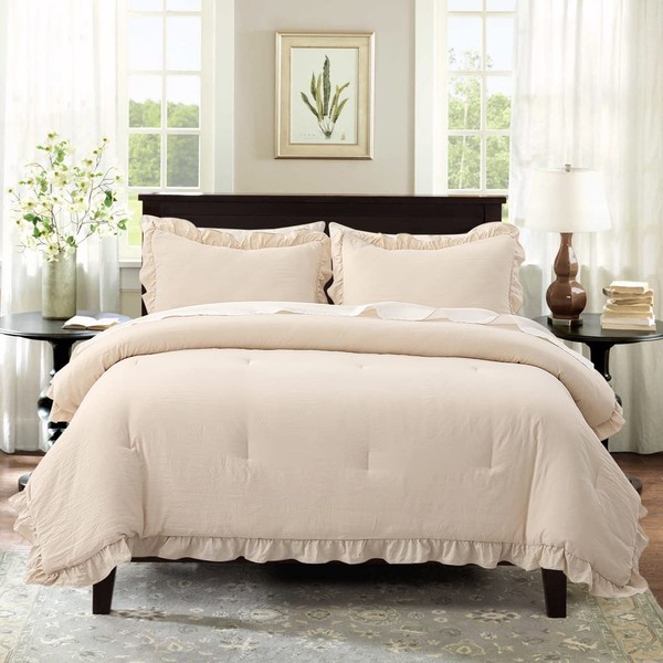 SLEEPBELLA Luxury Ruffled Comforter Sets King Cream 3pcs, Soft Microfiber Inner Fill Down Alternative Shabby Chic Bedding Set Ivory