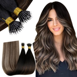 RUNATURE Nano Hair Extensions Human Hair Black Balayage Brown Ombre Blonde Nano Ring Hair Extensions Real Human Hair 18 Inch 50g