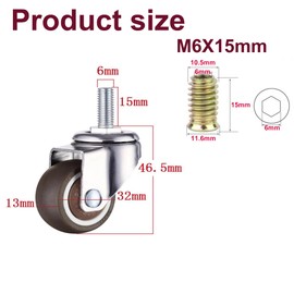 GEOCANG Set of 4 32 mm swivel castors for furniture, M6 x 15 mm thread, with brake up to 15 kg per wheel, soft rubber furniture castors (32 mm with brake)