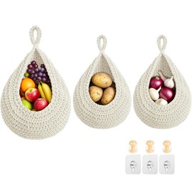 Hanging Fruit Baskets for Kitchen, 3 Pack Boho Cotton Rope Handwoven Vegetable Storage Wall Mounted Large Organizing Basket for Farmhouse Decor, Onion, Potato, Garlic and Plants (White)