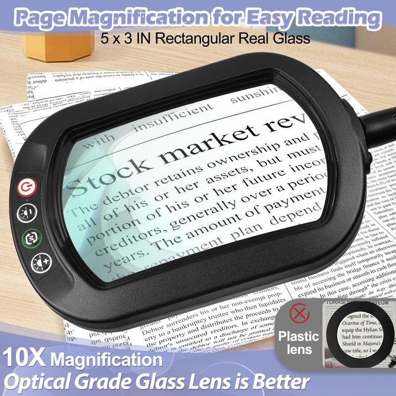 Drdefi 10X Rectangular Real Glass Magnifying Glass with Light and