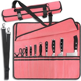 Chef Knife Bag With 24 Slots Cutlery Knives Holders Protectors, Kitchen Travel Cooking Tools, Portable Canvas Knife Roll Storage Bag Chef Case for Camping or Working with an Adjustable Shoulder Strap - Color: pink