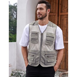 Gihuo Men's Mesh Multi Pockets Outdoor Fishing Safari Travel Vest(Beige-L)