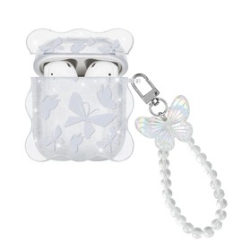 CameCosy for AirPods 1/2 Case Glitter with Crystal Keychain, Clear Wave Edge White Butterfly Pattern Shockproof Premium Soft Cover for AirPods 2nd Generation Charging Case for Women Girls
