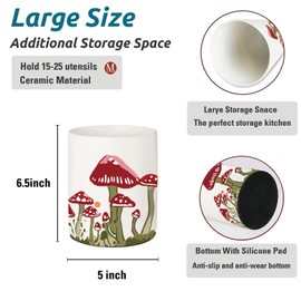 BOXJINCO Mushroom Kitchen Decor, Ceramic Utensil Holder Bee Decor, 6.5 Inch Farmhouse Indoor Kitchen Decorative Utensil Rack For Spoon Storage and Cooking Tools