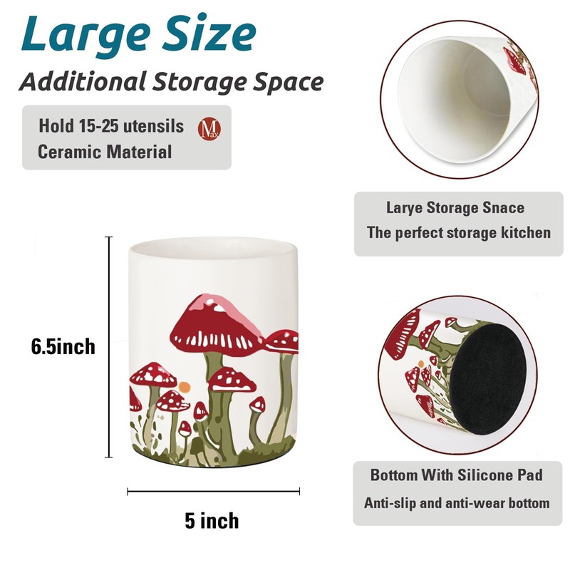 BOXJINCO Mushroom Kitchen Decor, Ceramic Utensil Holder Bee Decor, 6.5