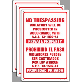 Berylunx 3 Pack 12" x 16" No Trespassing Violators Will Be Prosecuted in Accordance with ARS 13-1502-A1 Private Property Warning Sign