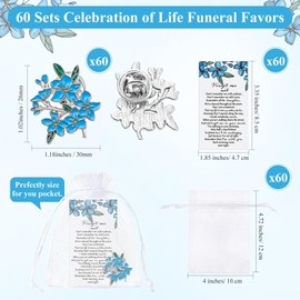 Yuecda Forget-me-not Memorial Pins Bulk Celebration of Life Funeral Favors Includes Forget Me Not Flower Lapel Pin Brooches Memorial Poem Cards Organza Bags Memorial Gift for Loved Ones (60)