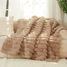 The Nantucket Blanket - LuxeComfort Faux Fur Striped Blanket 60"x70" Lighthouse Cream - Luxuriously Soft Cozy Warm Gift for Women, Plush Silky Fuzzy Heavyweight Reversible Design Home Decor