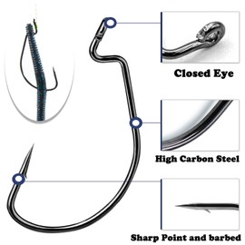FishTrip EWG Hooks for Bass Fishing-50pcs Offset Worm Hook Texas Rig Hooks for Freshwater Saltwater Size 5/0