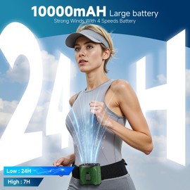 LAMBRI Portable Waist Fan Clip on Shirt Fans 10000mAh-24H Cool Clip Wearable Belt Personal Fans Rechargeable, 4 Speeds Neck Fan Hands-Free, Waist ClipFan for Jobsite Outdoor Farm, Green