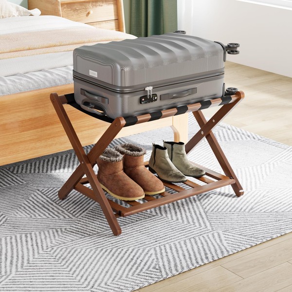 Smuxee Smuxee Fully Assembled Walnut Luggage Rack, Upgraded Bamboo Foldable