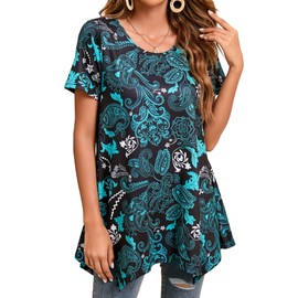 Enmain Tunic Tops for Women UK Short Sleveve Ladies Tunic Dress Casual Plus Size Long Tunics Shirts for Leggings Longline Loose Blouse T Shirt,Turquoise,3XL