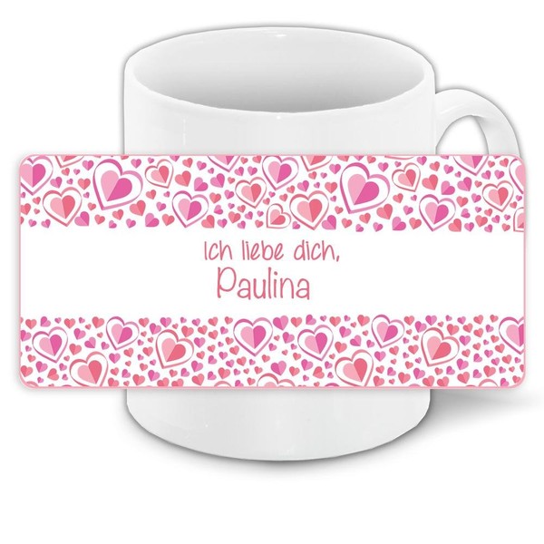 Tasse mit Namen Paulina und schönem Motiv mit rosa Herzen