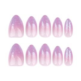 Oval Press on Nails Short Almond Fake Nails Medium Length False Nails with Purple Gradient Designs Glue on Nails Glossy Glitter Artificial Acrylic Nails Full Cover Nails Press ons 24Pcs
