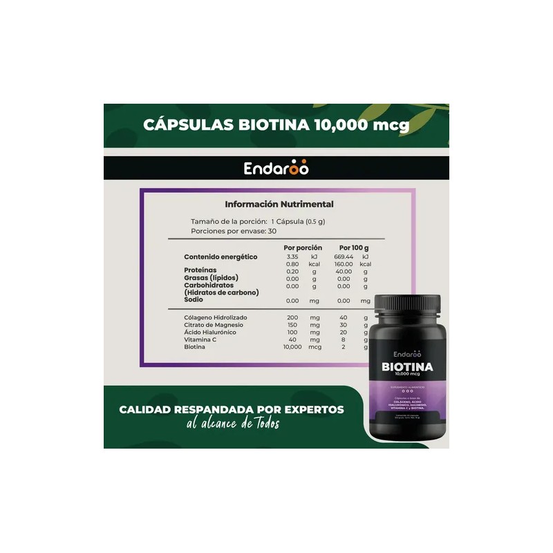 Biotina 10,000 Mcg Con Colágeno, Ácido Hialurónico, Magnesio 30 Cápsulas