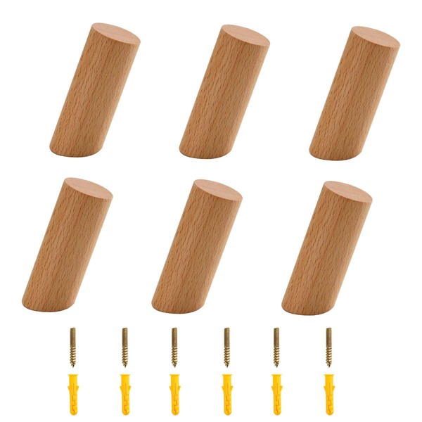 PROVO Pack of 6 Wooden Coat Hooks Natural Wall Mounted