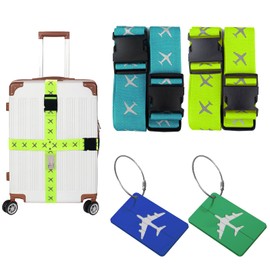 VEGCOO Luggage Straps Pack of 4, Pack of 2 Luggage Tags, Blue/Green, Adjustable Luggage Strap, 5 x 200 cm, Luggage Strap, Cross Strap, Luggage Tag with Address Label (Blue/Green)
