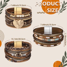 Inbagi 3 Pcs Bohemian Bracelet for Women Faux Leather Cuff Bracelet Heart Rhinestone Bead Multi Layer Western Jewelry Crystal Wristbands