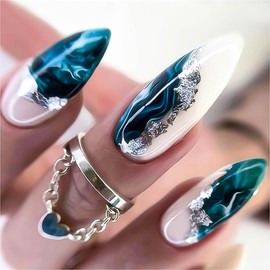 Long Press on Nails Almond Fake Nails dark green Glossy False Nails Designs Gradient And Glitter Acrylic Press on Nails Full Cover Stick Glue on Nails for Women Nail Decorations 24Pcs