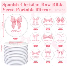 Vicenpal 40 Pcs Inspirational Spanish Bible Verse Scripture Portable Round Pocket Mini Mirrors Pink Bow Coquette Mini Pocket Mirrors Bulk Christian Gifts for Women Church Religious Party Favors