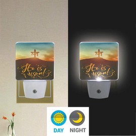 Vdsrup Easter Cross Sunrise Night Light Set of 2 Mountain He is Risen Plug-in LED Nightlights Auto Dusk-to-Dawn Sensor Lamp for Bedroom Bathroom Kitchen Hallway Stairs
