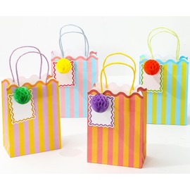 FYSUIMU Colorful Paper Gift Bag with Honeycomb Ball and Tag Stripe Scalloped Treat Bags Candy Goodie Bags for Summer Birthday Party Favors Supplies, 16 Set