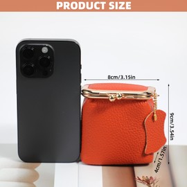 Litchi Leather Coin Purse for Women, Portable Vintage Wallet Mini Lipstick Holder Fashion Solid Color Kiss Lock Key Storage Square Pouch (Orange)