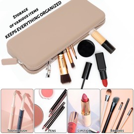 Sakolla Travel Makeup Brush Holder, Silicone Makeup Brush Bag with Zipper Closure, Makeup Brushes Organizer Case Washable Makeup Pouch Holder Case for Daily, Work, Essentials Khaki