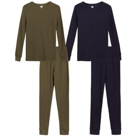 ONLY BOYS’ Thermal Underwear Set – 4 Piece Waffle Knit Top and Long Johns (2T-16), Size 16, Olive/Navy