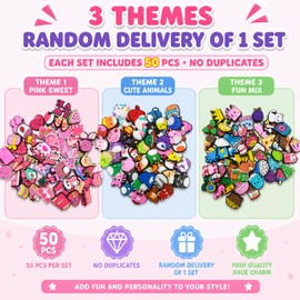 LVBIYDU 50 Pcs Random Shoe Charms for Clog Shoe Decoration, Cute PVC Charms with 3 Surprise Themes Randomly Selected, Multi-Color Accessories for Girls Teens Adults, Clear Storage Box Included