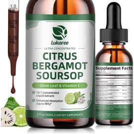 Citrus Bergamot + Soursop Liquid Drops with Olive Leaf, Vitamin C, Black Pepper for Enhanced Absorption, Herbal Wellness Supplement for Cholesterol, Heart & Digestive, Vegan, Sugar free, 2 Fl Oz