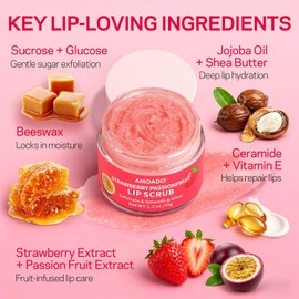 Exfoliante labial de azúcar de fruta de la pasión y fresa, exfoliante labial suave para labios secos, fórmula hidratante y nutritiva, ayuda a eliminar la piel seca y escamosa, deja los labios suaves