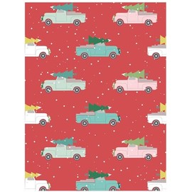 Holiday Trucks Christmas Giftwrap Paper - Six Flat Folded Sheets 19.5x27 Inches, Masculine Christmas Wrapping Paper with Vintage Trucks on a Red Background