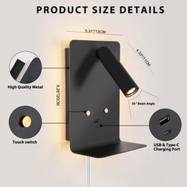 ZEROUNO LED Dimmable Wall Mounted Reading Light, Backlight Night Wall Lamp, Adjustable Headboard Plug in Wall Sconce with USB C+A Ports, LED Reading Light for Bedroom Bedside Lamps