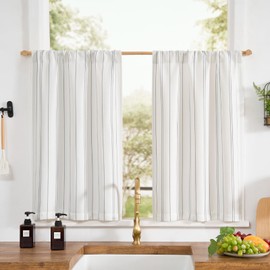 jinchan Gray Striped Kitchen Curtains 36 Inches Linen Look Cafe Curtains Modern Farmhouse Tiers for Living Room Bathroom RV Small Windows Light Filtering Rod Pocket 2 Panels Grey on White
