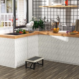 One Step Stool for Adults Kids, Heavy Duty Sturdy Foot Stool with Non-Slip Mat, Metal Frame Hold Up to 500 Lbs Capacity for Kitchen Bathroom Bedroon, White Oak