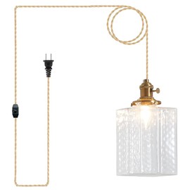 Oyisen Hanging Lamp Plug in Golden Adjustable 14Ft Light Cord Plug in Pendant Lights 6.5 Inch Glass Lampshade Hanging Pendant Light Hanging Light Fixture for Dining Room with Light Bulb