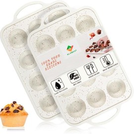 Globeat Silicone Muffin Pan for Baking with Metal Reinforced Frame, 12 Cup Regular Size Cupcake Pan, BPA Free Silicone Muffin Tray, Cupcake Baking Pan Molds for Oven Dishwasher Safe - Cream