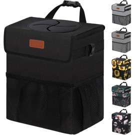 Vankor 3 Gallons Car Trash Can with Lid, Car Trash Bag Bin Hanging Waterproof Automotive Car Garbage Cans Leak Proof Vehicle Trash Can Black