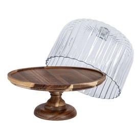 Creative Co-Op 12 Inches Round Acacia Wood Pedestal with Fluted Glass Cloche, Natural, Set of 2