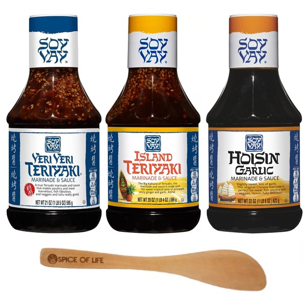 Soy Vay Marinade & Sauce, Veri Veri Teriyaki, Island Teriyaki, and Hoisin Garlic, 20 Ounce (Pack of 3) - with Spice of Life Mini Spatula