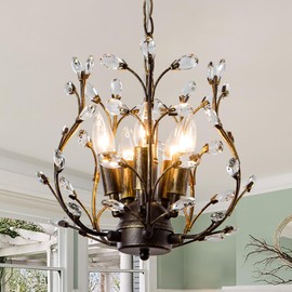 JC TOPA 5-Light Vintage Crystal Branch Chandelier Farmhouse Hanging Pendant Light Fixtures for Living Room Dining Room Foyer Kitchen Island Hallway, Aged Bronze