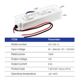 TorqCali LPV-100-12 (102W/12V/8.5A) Cost-Effective LED Waterproof Power Supply