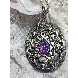 FANCY FOX BOUTIQUE DUELING DRAGONS  BREATH LOCKET NECKLACE AMULET MEDIEVAL SWORD RED OPAL BLUE