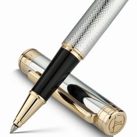 MCNTEIK Silver Chrome Rollerball Pen, Stunning Luxury Pen with Mesh Texture Design、Silver Chrome Finish and 24K Gold Accents, Nice Gift Set for Men & Women, Business, Executive, Office, Fancy Pens